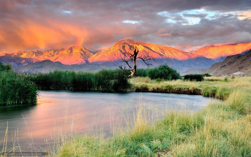 River in Mountain Valley — Orange, Dramatic, Sunset, Photograph, Mountains, Tree