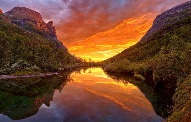 River in Mountain Valley — Orange, Dramatic, Sunset, Photograph, Mountains, Trees