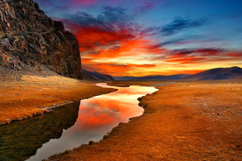 River in Mountain Valley — Orange, Dramatic, Sunset, Photograph