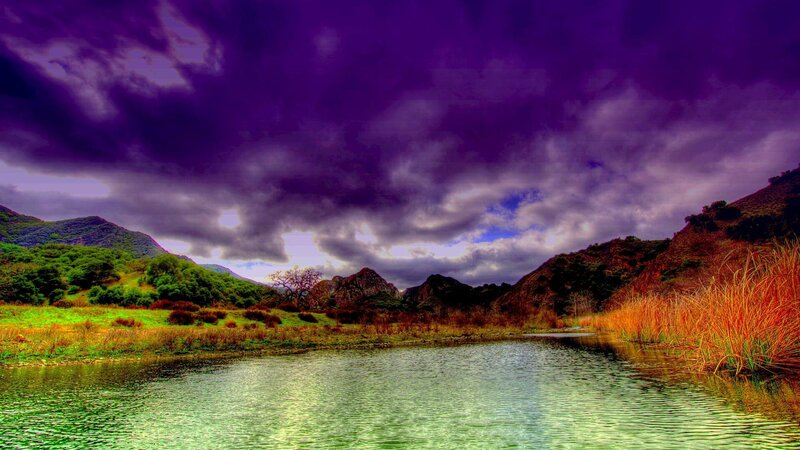 River in Mountain Valley — Purple, Dramatic, Afternoon, Photograph