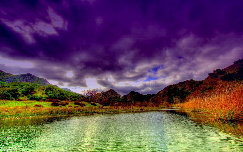 River in Mountain Valley — Purple, Dramatic, Afternoon
