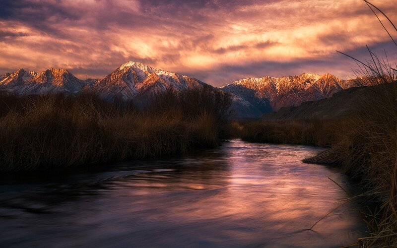 River in Mountain Valley — Purple, Dramatic, Sunset