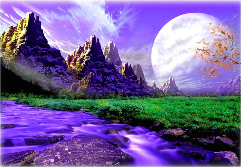 River in Mountain Valley — Purple, Serene, Night