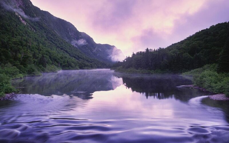 River in Mountain Valley — Purple, Serene, Sunrise