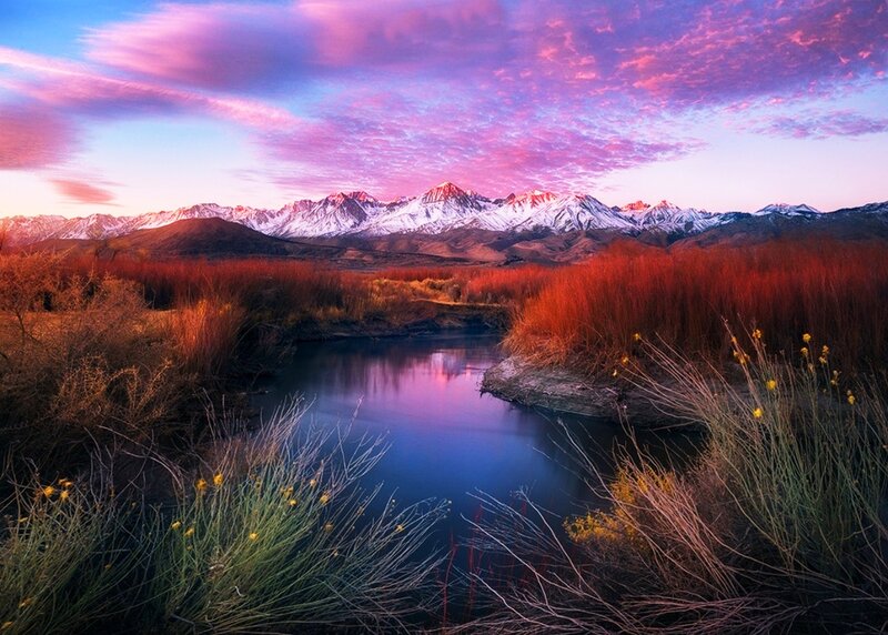 River in Mountain Valley — Purple, Serene, Sunset