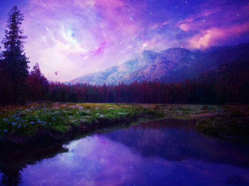 River in Mountain Valley — Purple, Serene