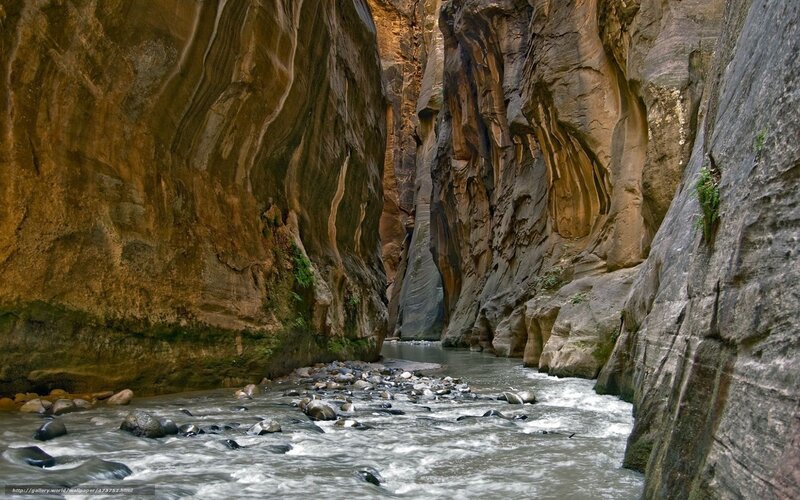 River in Narrow Canyon — Brown, Dramatic, Photograph, Rocks