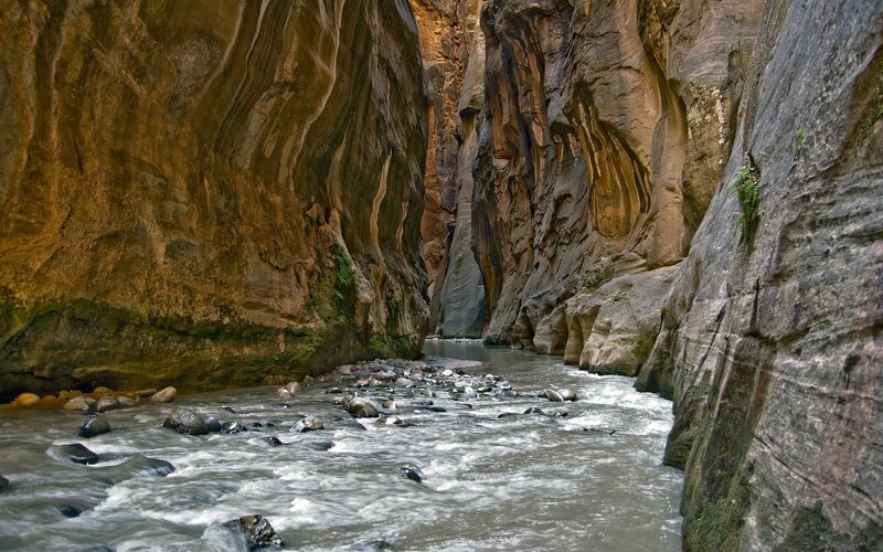 River in Narrow Canyon — Brown, Dramatic, Photograph