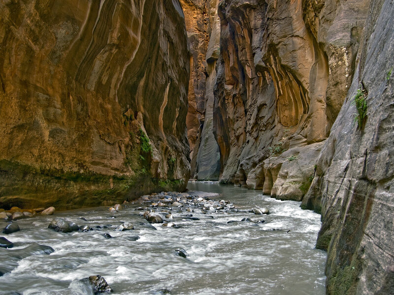 River in Narrow Canyon — Brown, Serene, Afternoon, Photograph, Rocks