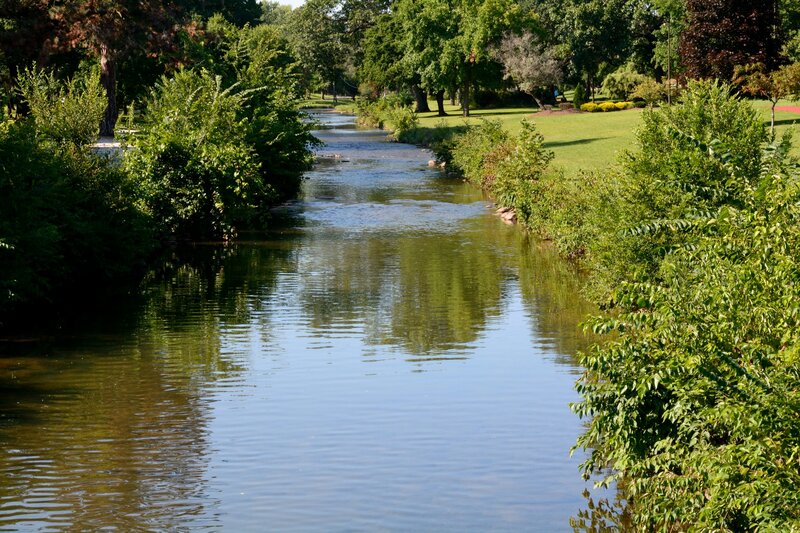 River in Park — Green, Serene, Afternoon, Photograph, Trees, Grass, Bushes