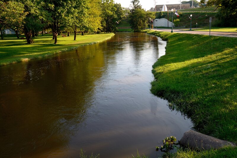 River in Park — Green, Serene, Afternoon, Photograph, Trees, Grass, Road