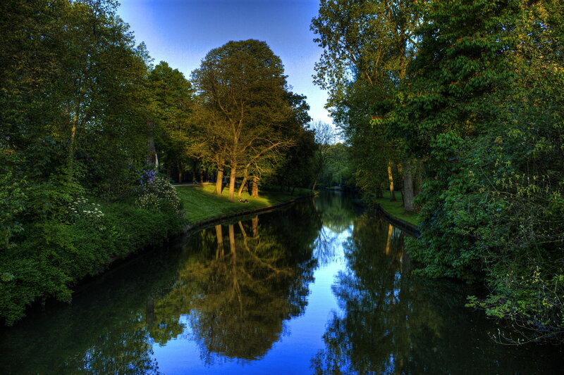 River in Park — Green, Serene, Afternoon, Photograph, Trees, Grass, Sky