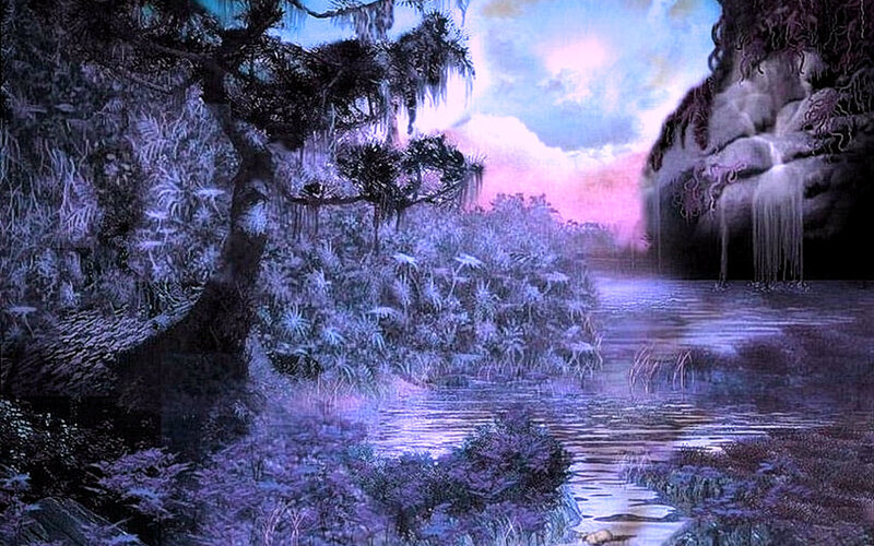 River in Purple Forest — Serene, Sunset