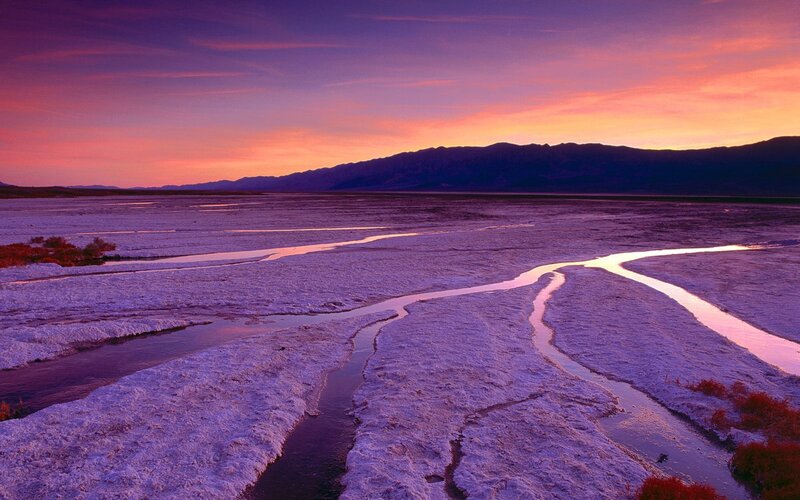 River in Salt Flat — Purple, Dramatic, Sunset, Photograph, Mountains, Sky, Vegetation