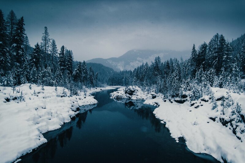 River in Snowy Forest — Blue, Cold