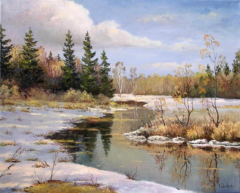River in Snowy Forest — Blue, Serene, Autumn