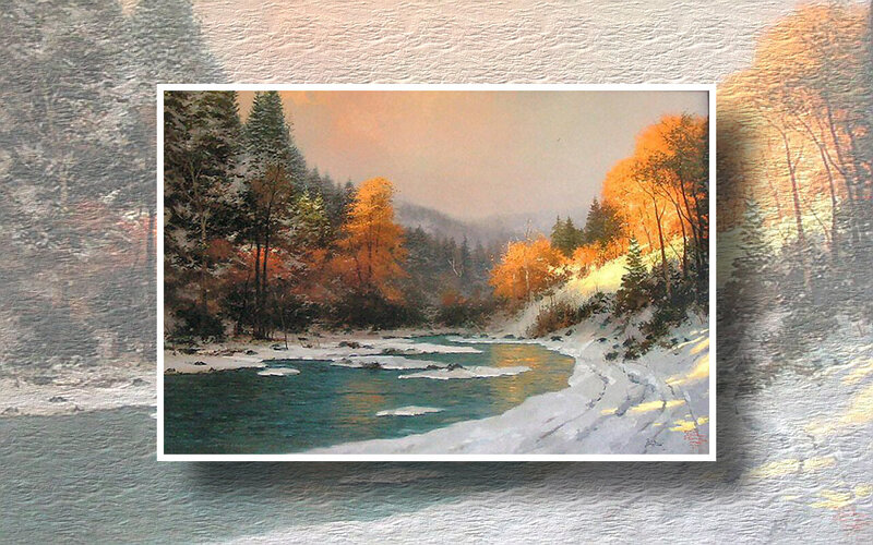 River in Snowy Forest — Blue, Serene, Winter, Painting
