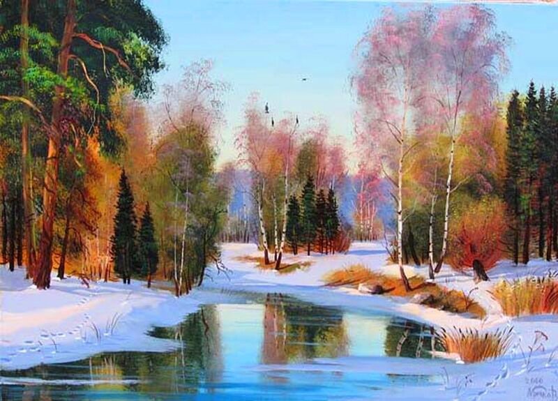 River in Snowy Forest — Blue, Serene, Winter, Painting, Trees, Snow, Birds