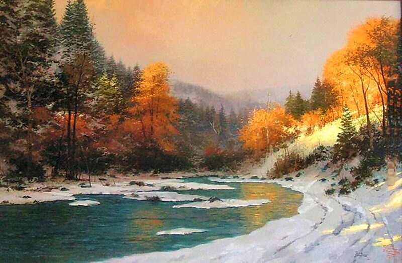 River in Snowy Forest — Blue, Serene, Winter, Painting, Trees, Snow, Mountains