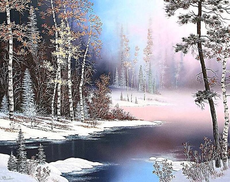 River in Snowy Forest — Blue, Serene, Winter, Painting, Trees