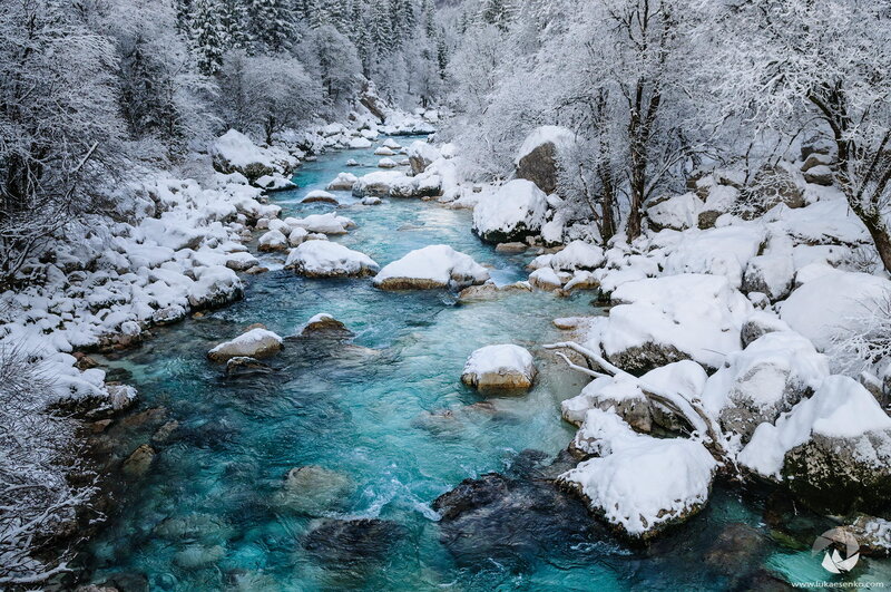 River in Snowy Forest — Blue, Serene, Winter, Photograph, Snow, Trees, Rocks
