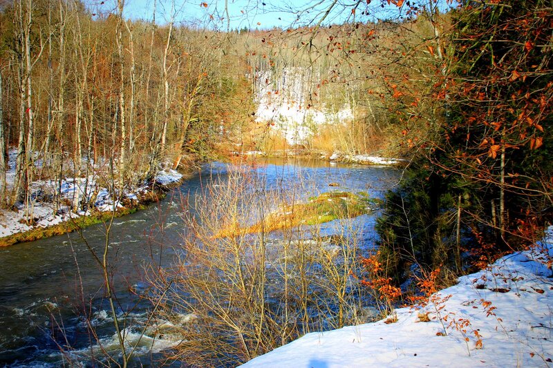 River in Snowy Forest — Blue, Serene, Winter, Photograph, Snow, Trees, White, Brown