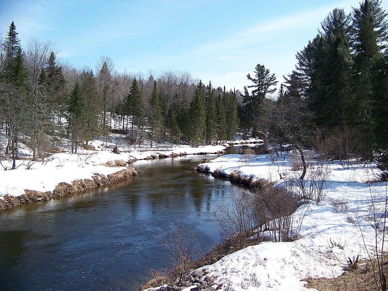 River in Snowy Forest — Blue, Serene, Winter, Photograph