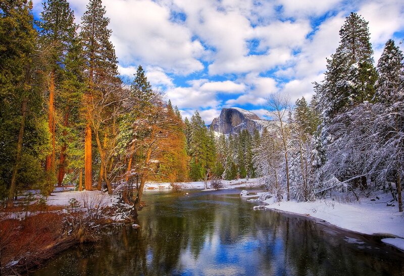 River in Snowy Forest — Blue, Serene, Winter, Photograph, Trees, Mountain, Sky, White