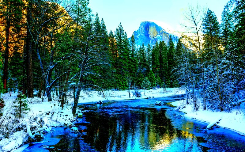 River in Snowy Forest — Blue, Serene, Winter, Photograph, Trees, Mountain, Snow