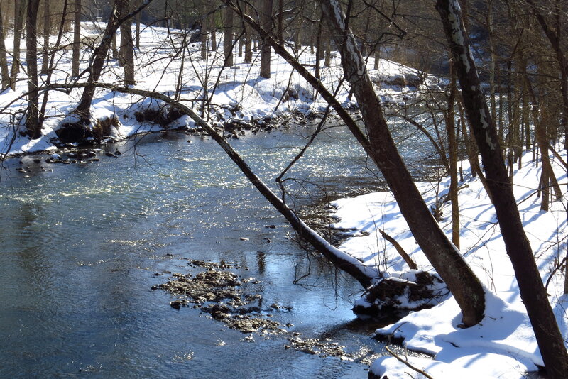 River in Snowy Forest — Blue, Serene, Winter, Photograph, Trees, Snow, Rocks