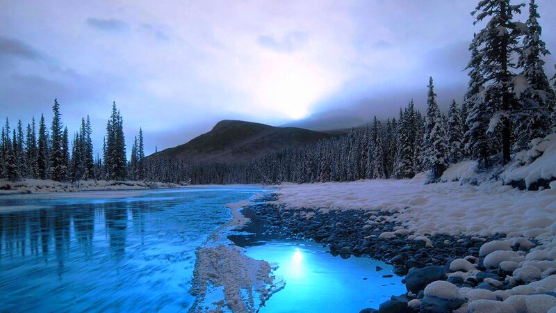 River in Snowy Forest — Blue, Serene, Winter, Photograph, Trees
