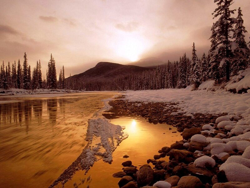 River in Snowy Forest — Gold, Serene, Sunset, Photograph, Snow, Trees, Mountain, Brown