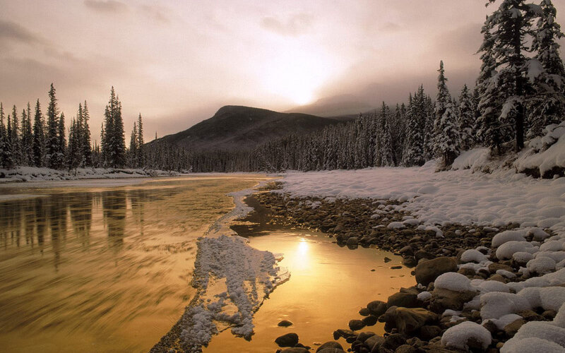 River in Snowy Forest — Gold, Serene, Sunset, Photograph, Snow, Trees, Mountain