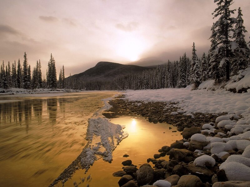 River in Snowy Forest — Gold, Serene, Sunset, Photograph