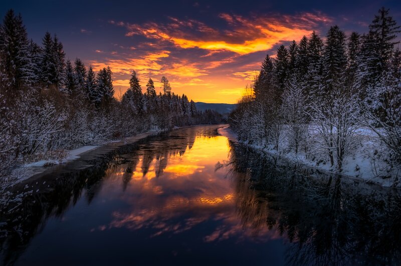 River in Snowy Forest — Orange, Dramatic