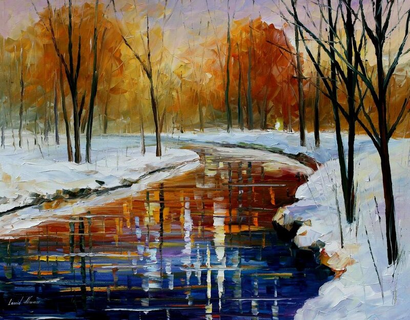 River in Snowy Forest — Orange, Serene