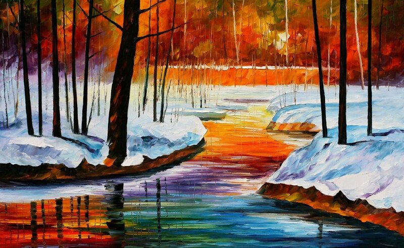 River in Snowy Forest — Orange