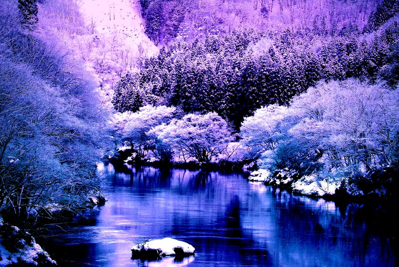 River in Snowy Forest — Purple