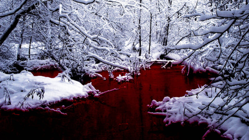 River in Snowy Forest — Red