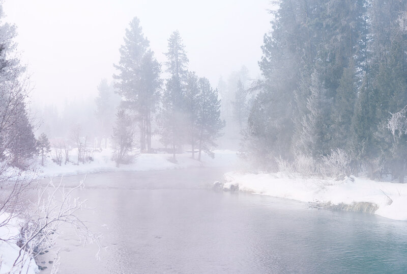 River in Snowy Forest — White, Misty