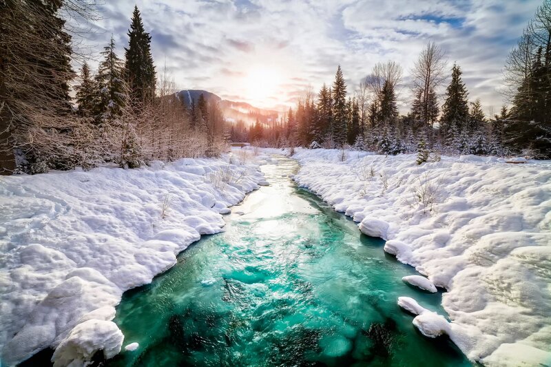 River in Snowy Forest — White, Serene, Winter, Photograph, Snow, Trees, Mountain