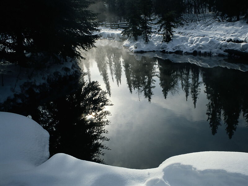 River in Snowy Forest — White, Serene, Winter, Photograph, Snow, Trees, Reflection