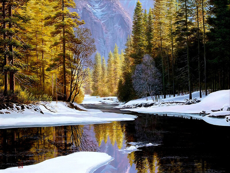 River in Snowy Forest — Yellow, Serene