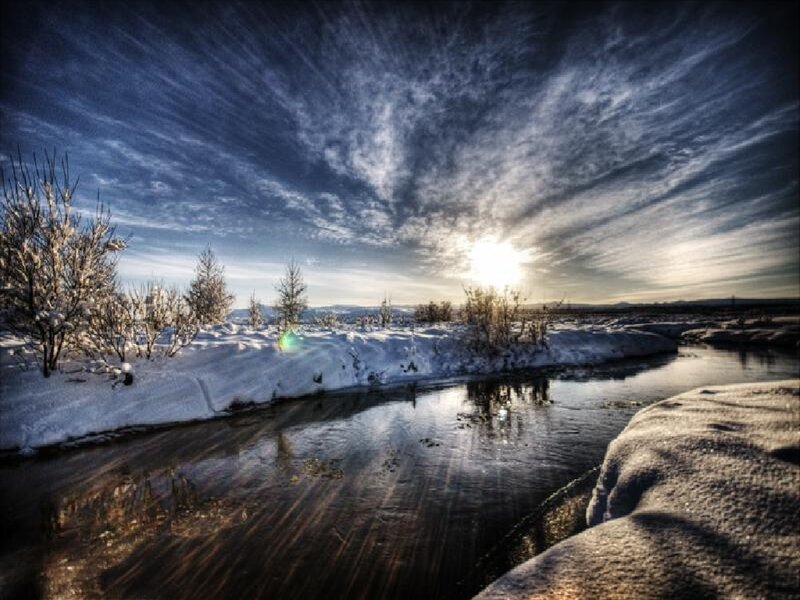 River in Snowy Landscape — Blue, Dramatic