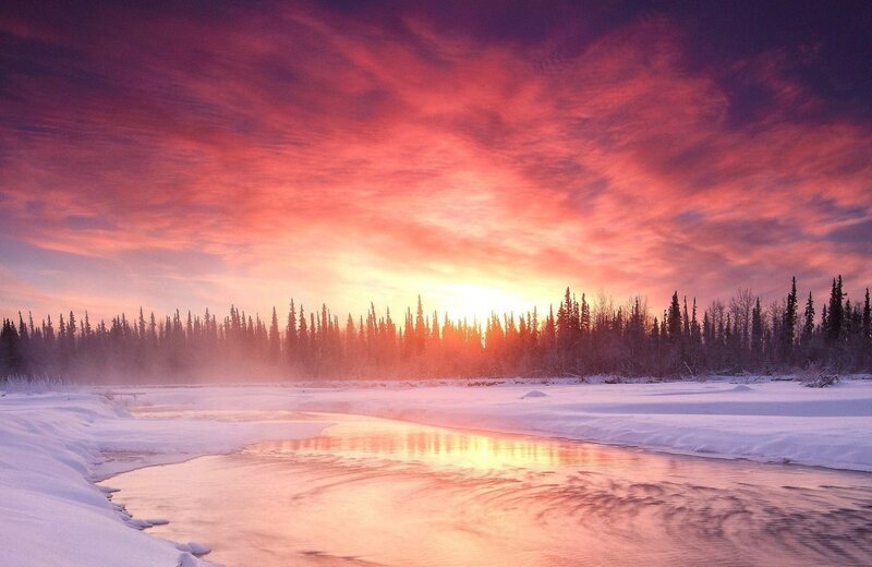 River in Snowy Landscape — Red