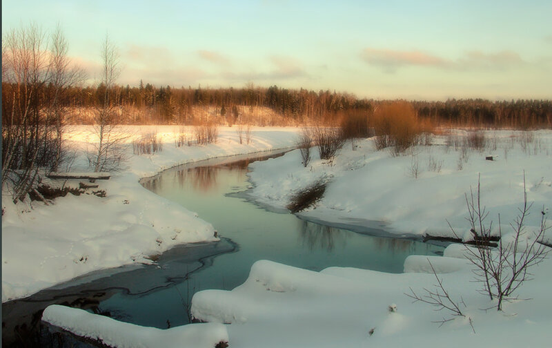 River in Snowy Landscape — White, Serene