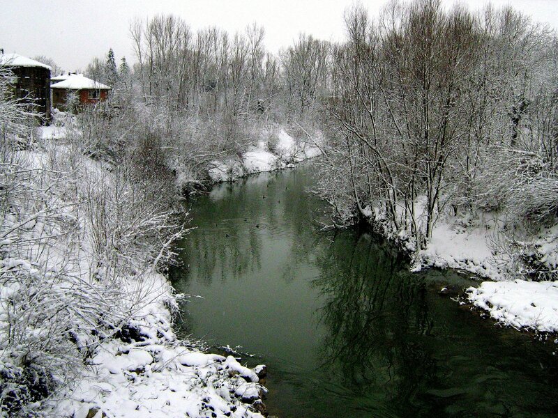 River in Snowy Landscape — White, Serene, Winter, Photograph