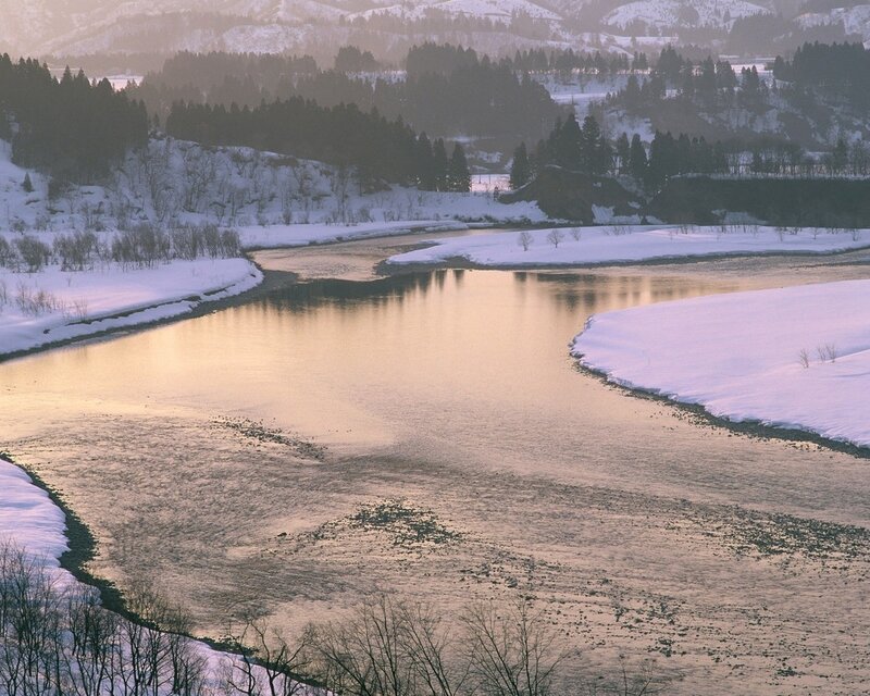 River in Snowy Landscape — White, Serene, Winter