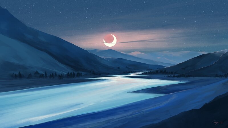 River in Snowy Valley — Blue, Serene, Night, Digital Art