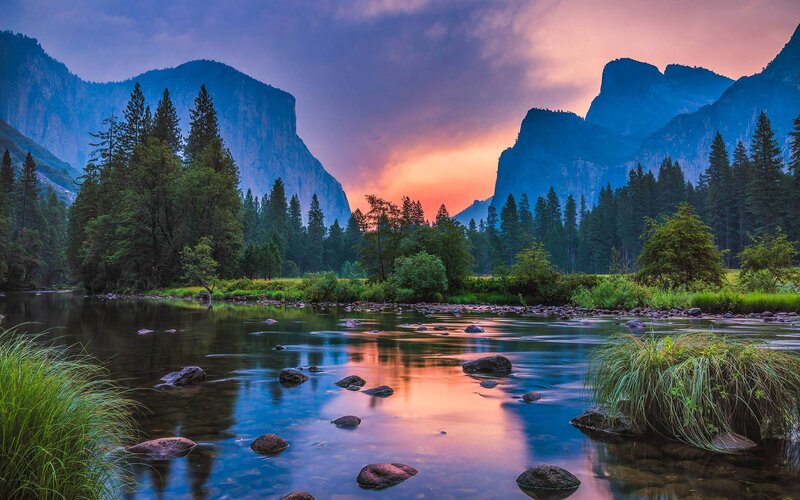 River in Valley at Sunset — Blue